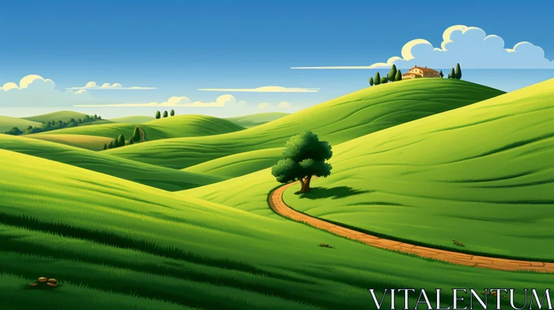 Green Hill Landscape with Grassy Path and Barn | Speedpainting Style AI Image