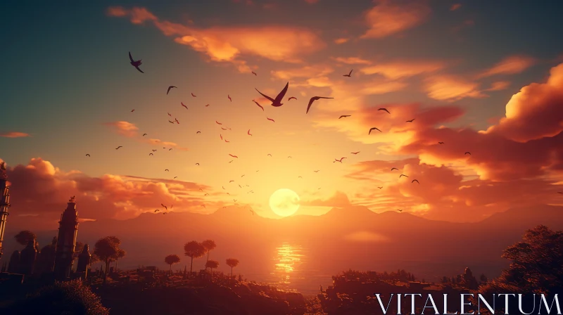 Sunset Over City - A Dreamy Seaside View with Birds AI Image