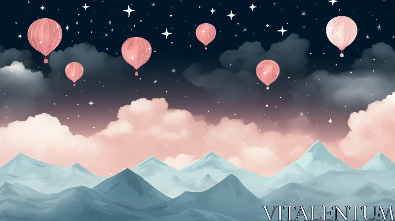 Whimsical Landscape of Pink Balloons Soaring Over Mountains AI Image