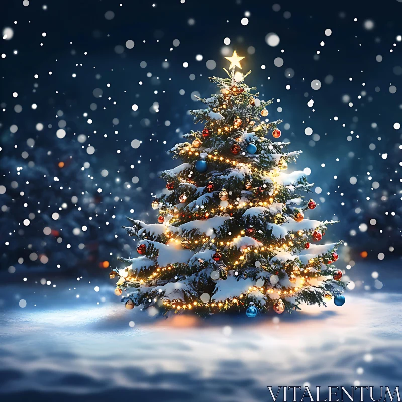 Beautiful Christmas Tree Decorated with Lights and Ornaments AI Image