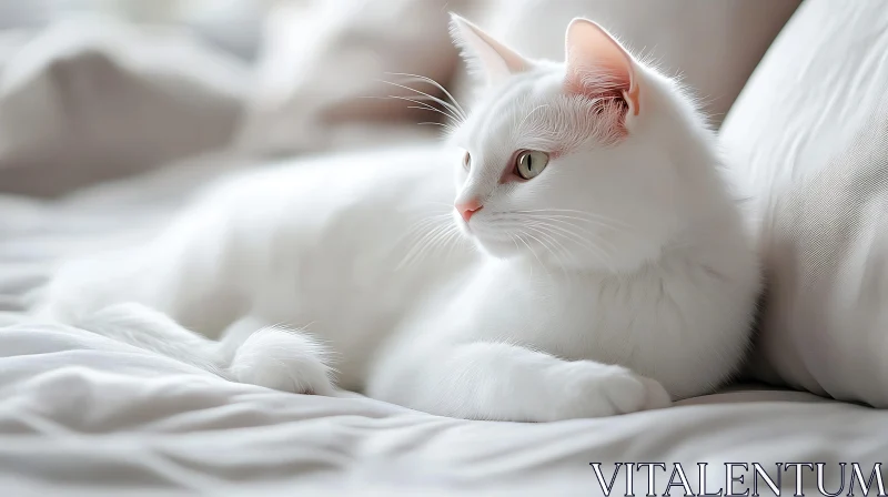 Peaceful White Cat on Bed AI Image