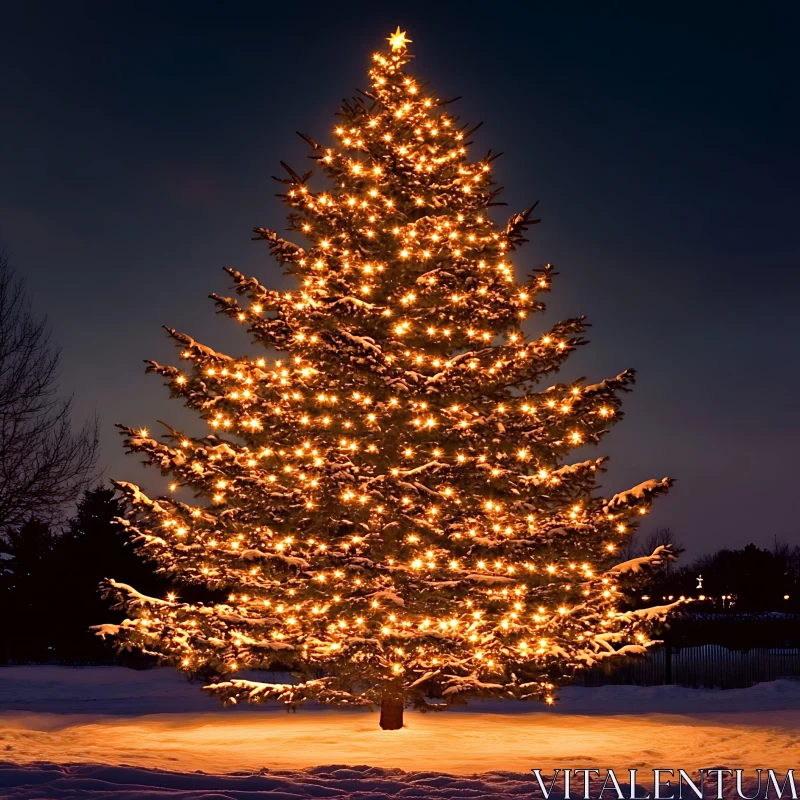 Illuminated Christmas Tree in Winter Night AI Image