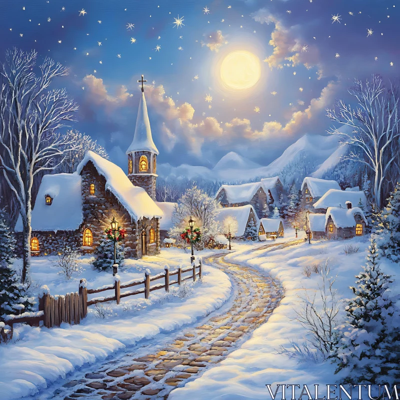 Moonlit Winter Village AI Image