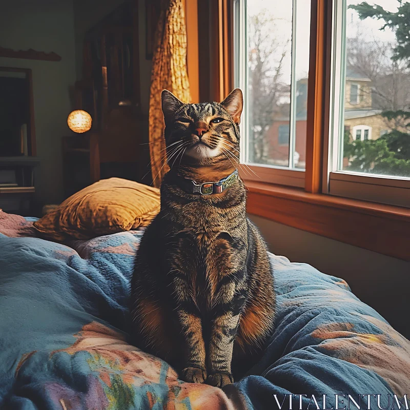 Cozy Tabby Cat on Colorful Bed AI Image