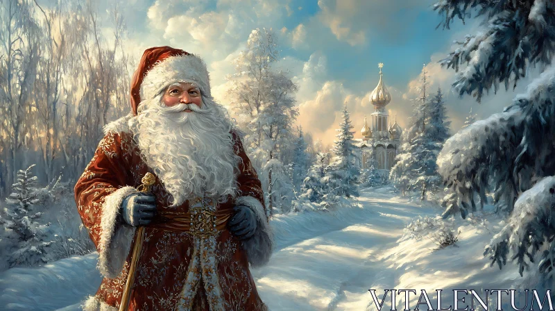 Santa Claus in a Winter Wonderland with a Cathedral AI Image