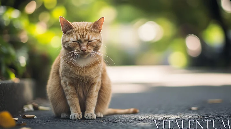 Peaceful Orange Tabby Cat Sitting Outdoors AI Image