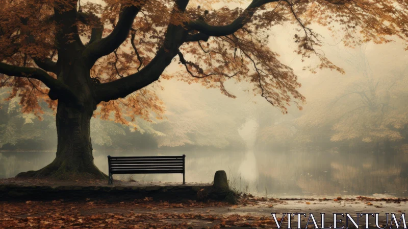Atmospheric Woodland Imagery: Solitary Bench by the Water AI Image