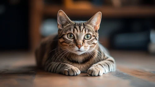 Relaxed Tabby Cat on Wooden Floor