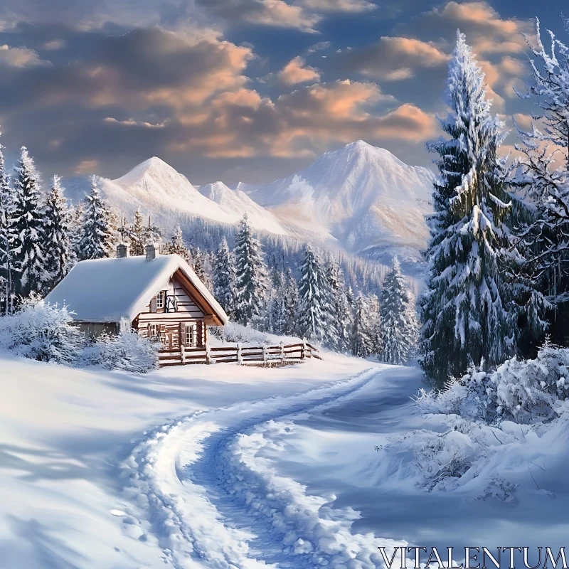 Snowy Mountain Retreat: Cozy Cabin in Winter Wonderland AI Image