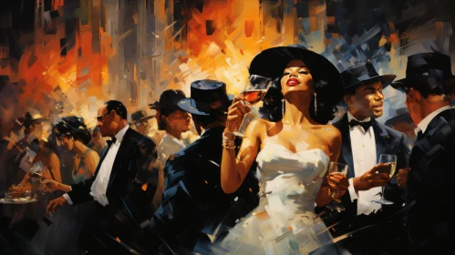 Captivating Noir Comic Art: Oil Painting of a Glamorous Party