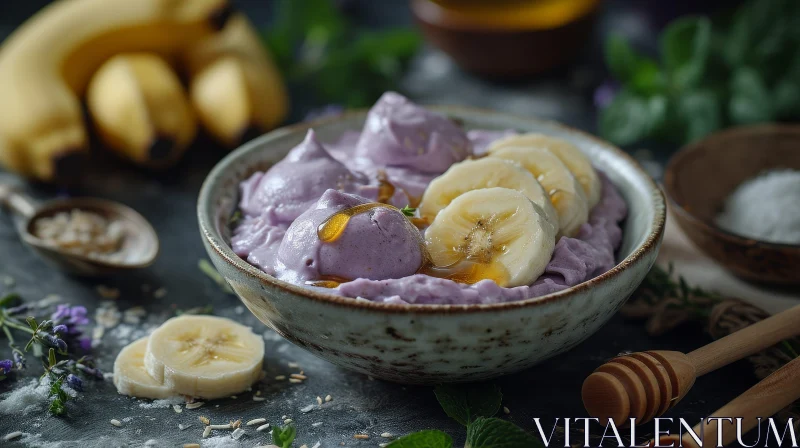 Close-up of Purple Yam Ice Cream with Bananas and Honey AI Image