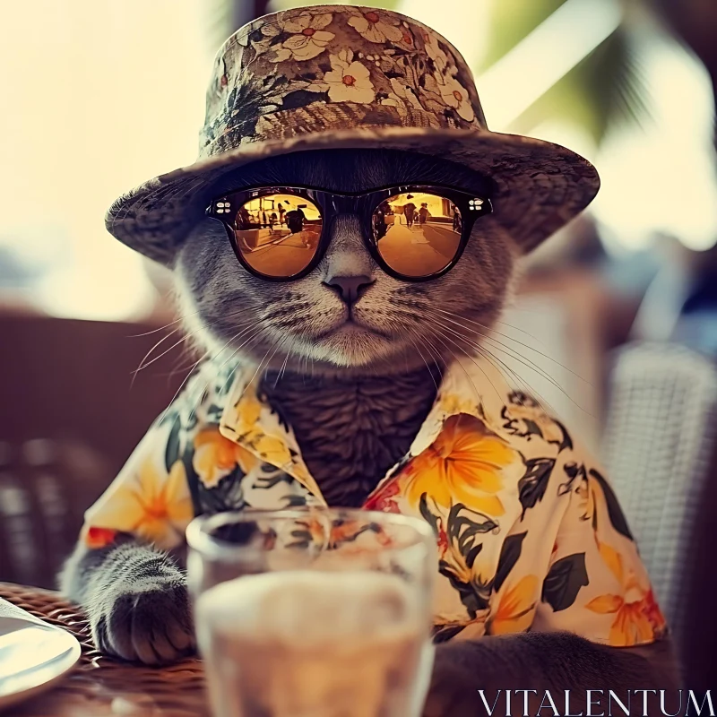 Summer Vibes: Cat with Sunglasses and Hawaiian Shirt AI Image