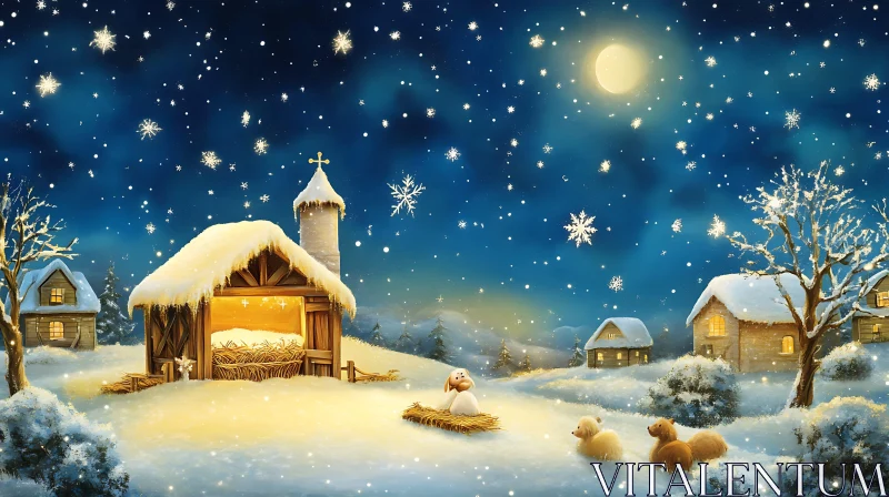 Christmas Nativity and Snowy Landscape under Starry Sky AI Image