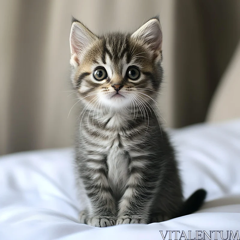 Cute Kitten Sitting on Soft White Surface AI Image