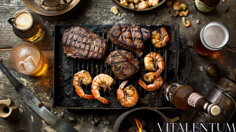 Delicious Grilled Steaks and Shrimp on a Rustic Wooden Table AI Image