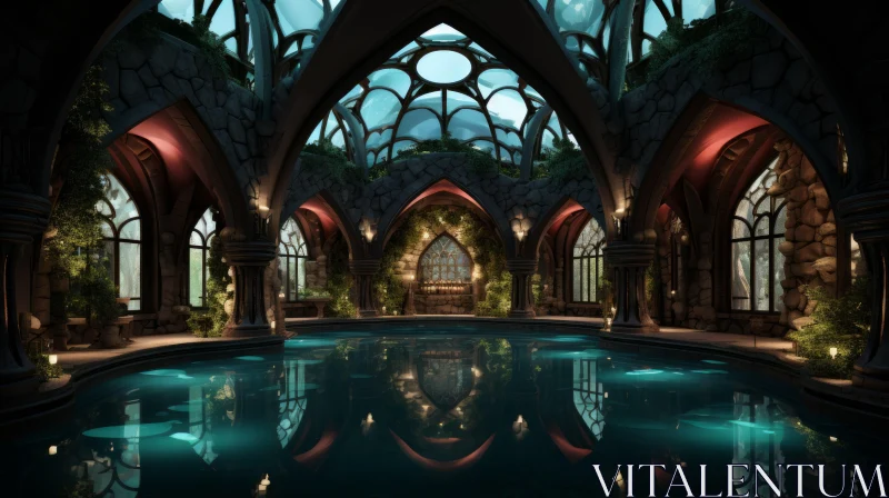Eerily Realistic Fantasy Room with Gothic Architecture and Pool AI Image