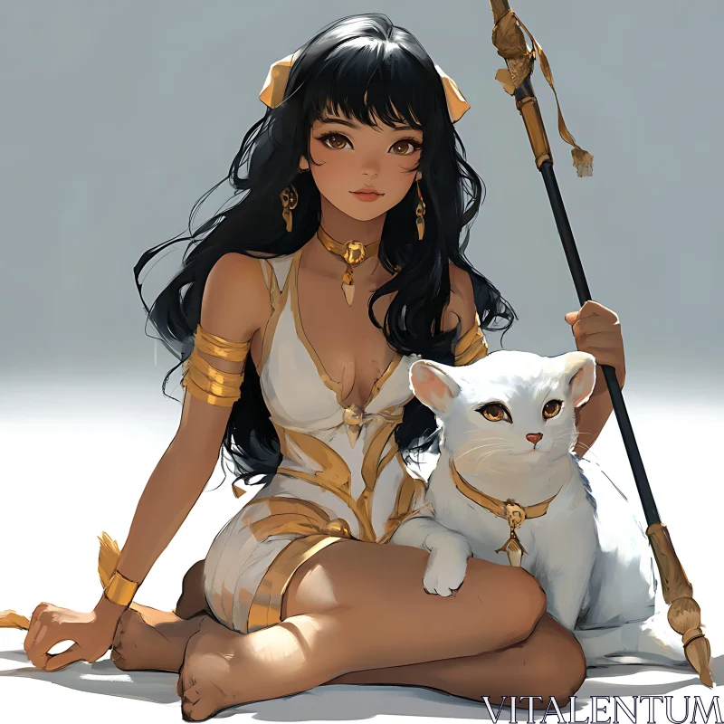 Regal Woman and Cat in Gold Accents AI Image