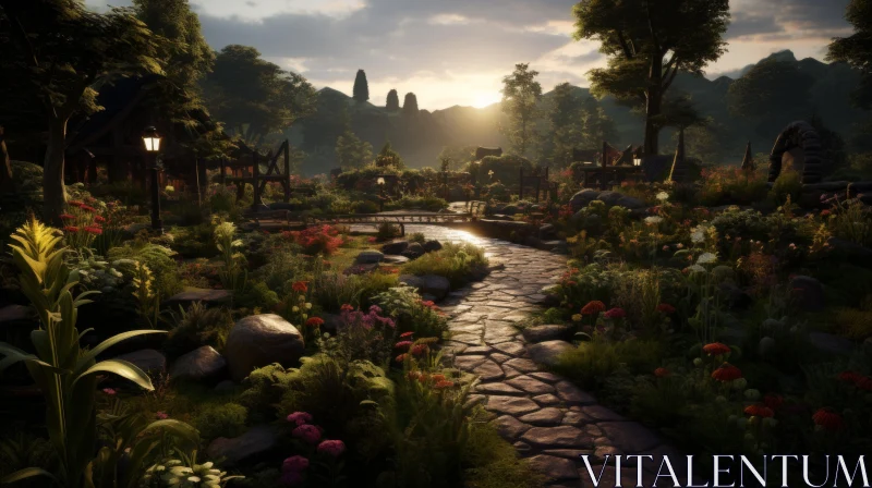 Enchanted Sunlit Garden: An Otherworldly Depiction of Rural Life AI Image