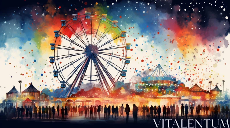 Enchanting Watercolor Painting of Fair with Ferris Wheel AI Image