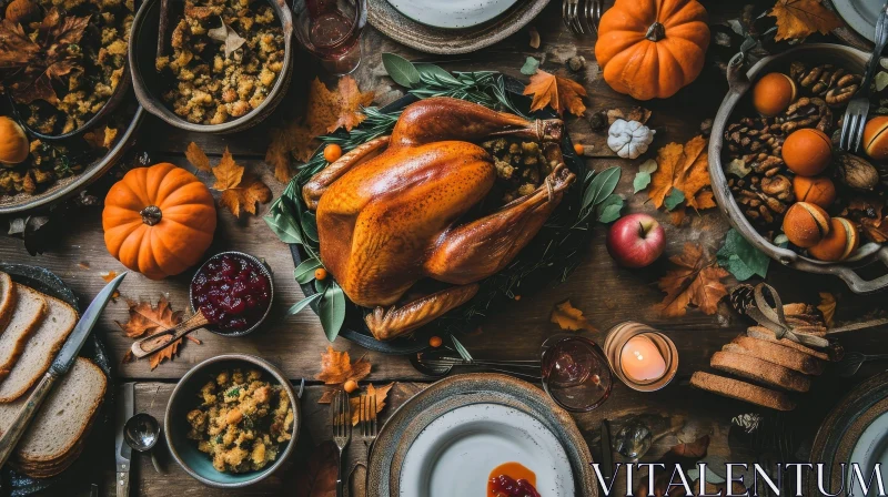 Exquisite Thanksgiving Dinner Table with Roasted Turkey and Fall Decor AI Image