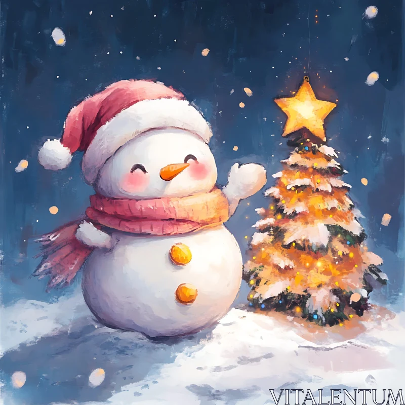 Joyful Snowman and Illuminated Christmas Tree AI Image