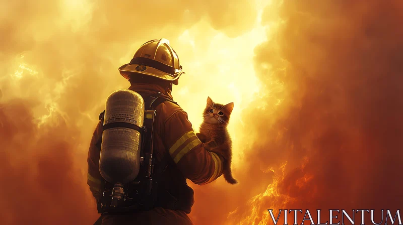 Bravery in Action: Firefighter Saves Kitten AI Image