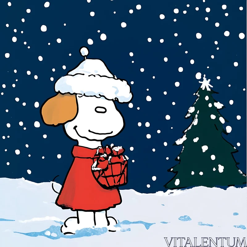 Festive Cartoon Dog in Winter Landscape with Snow AI Image