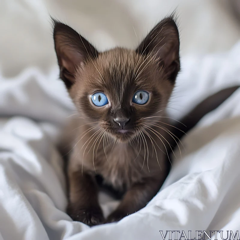 Cute Brown Kitten with Blue Eyes in Soft White Blankets AI Image