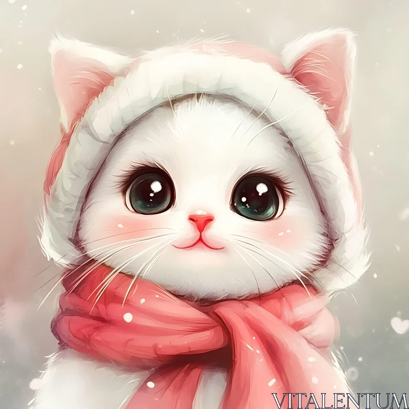 Cute Kitten in Pink Winter Hat and Scarf AI Image