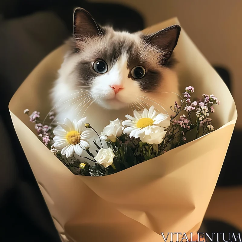 Fluffy Cat in Daisy Bouquet AI Image