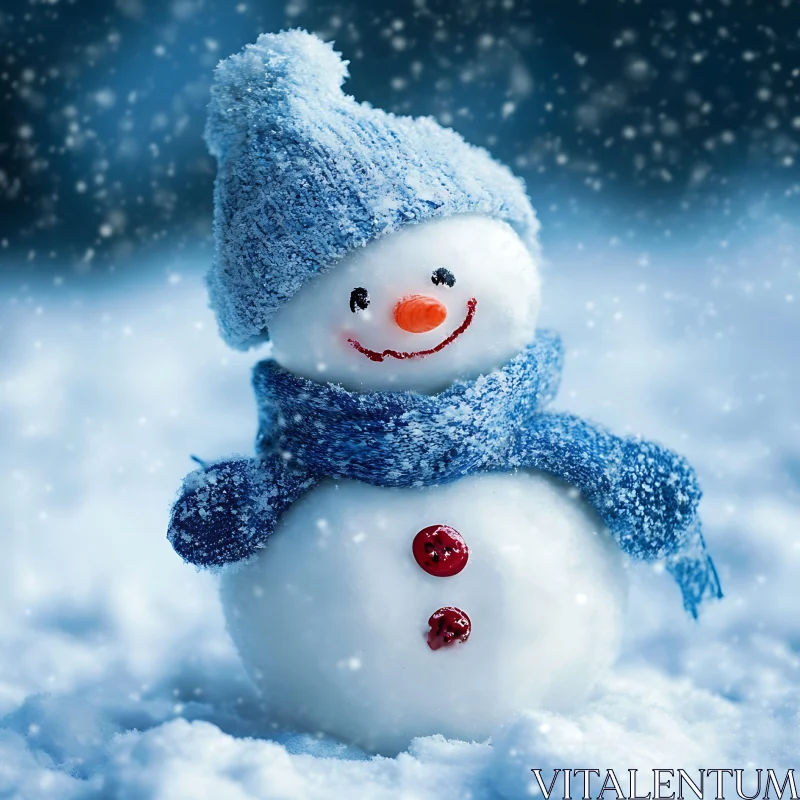 Festive Snowman with Blue Knit Hat and Scarf AI Image