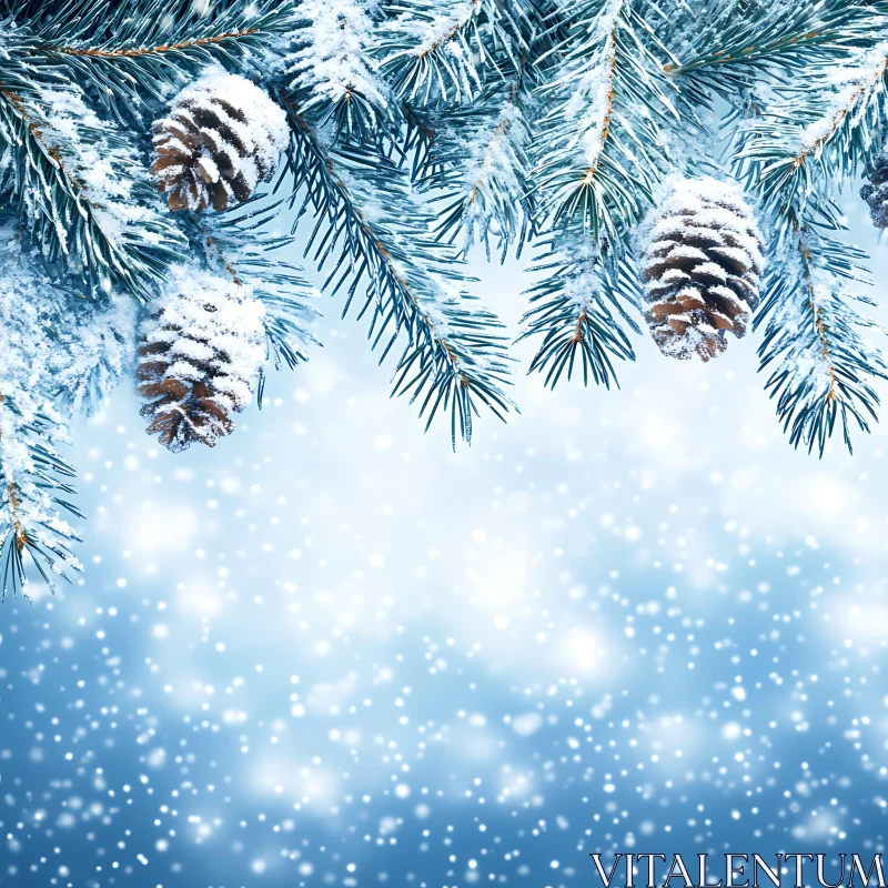 Snowy Pine Cones on Winter Branches AI Image