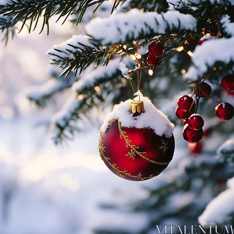 Christmas Ornament with Snow on Tree AI Image