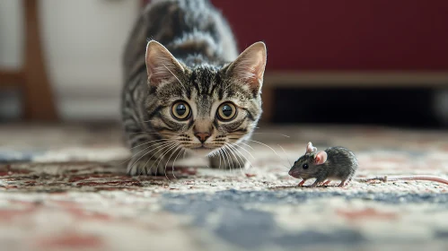 Wide-Eyed Cat Observing a Mouse Indoors