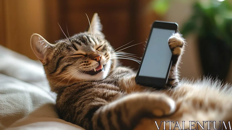 AI ART Happy Cat Holding Phone and Smiling