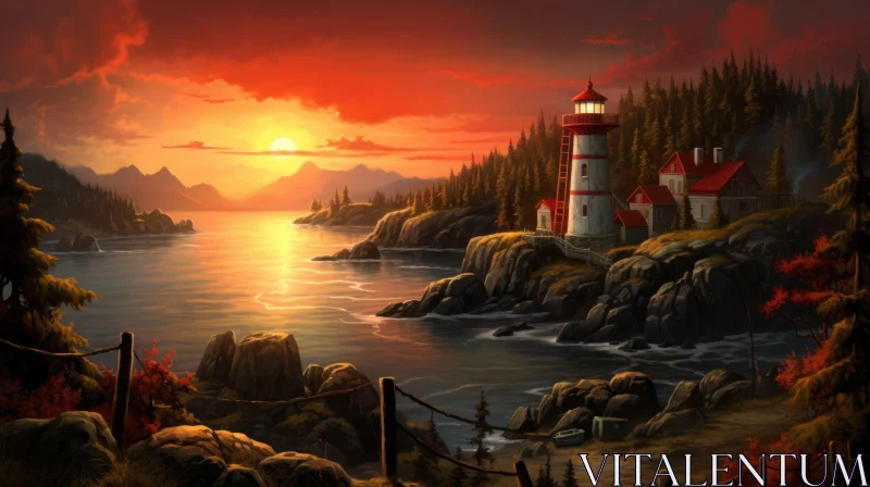 Fantasy Lighthouse at Sunset: A Captivating Nature Depiction AI Image