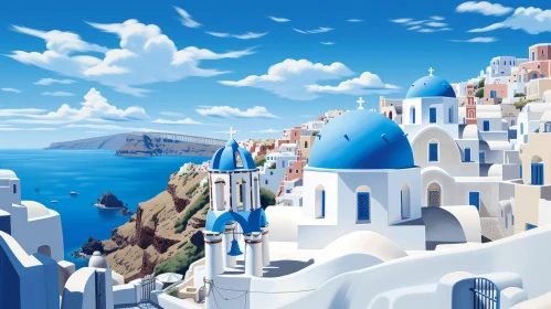 Greek Island Crater with Blue Domes: A Dreamy Illustration