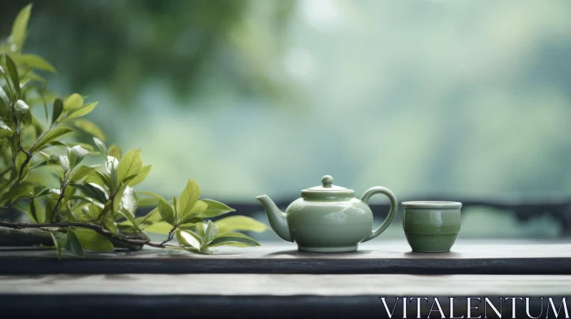Green Tea Set: A Serene Still Life Composition AI Image