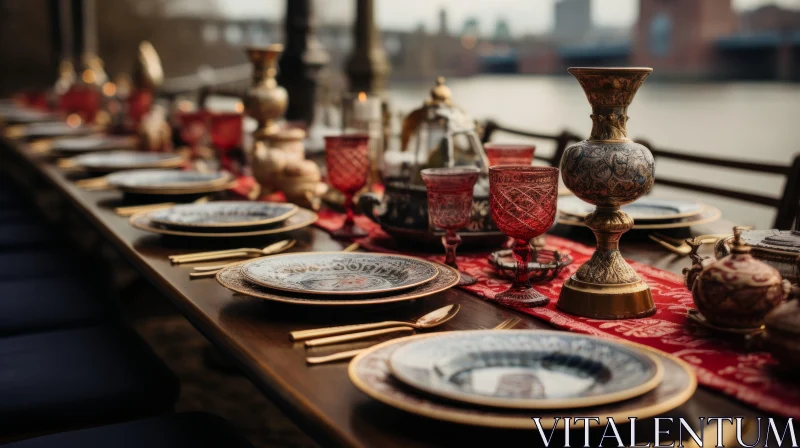 AI ART Intricate Maritime Wedding Table Setting in Dark Gold and Red