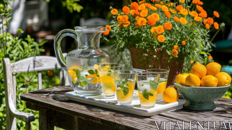 AI ART Refreshing Garden Table: Pitcher of Water and Citrus Delights