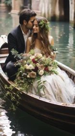 Romantic Wedding Scene on a Boat with Floral Motifs