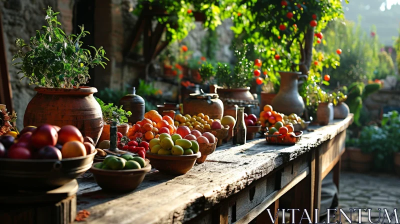 Rustic Still Life: Abundant Fruits and Vegetables on a Wooden Table AI Image