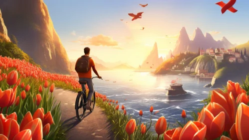 Serene Lake Bike Ride with Blooming Tulips - Spatial Concept Art