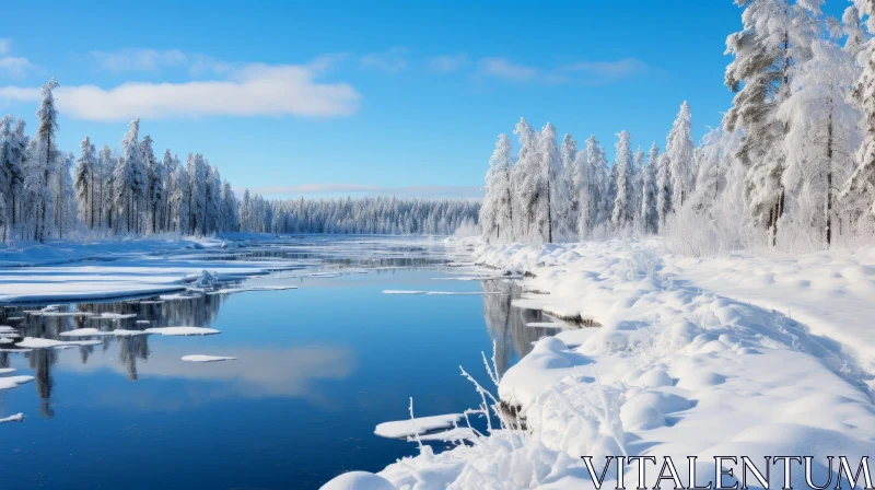 AI ART Snow-Covered Wilderness with Frozen River - Celebrating Nature's Serenity