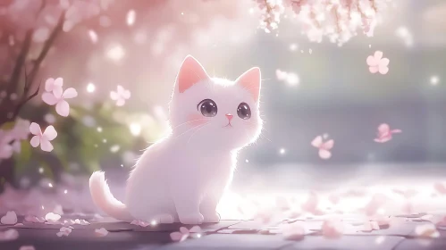 Cute White Kitten Surrounded by Falling Flowers