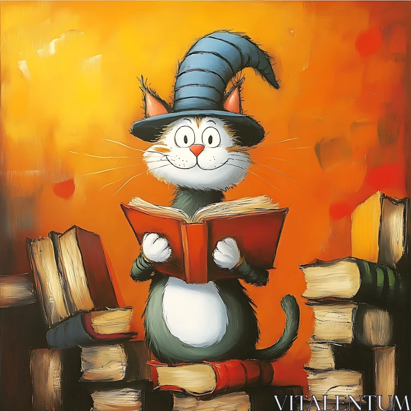 Cat in a Hat Reading Illustration AI Image