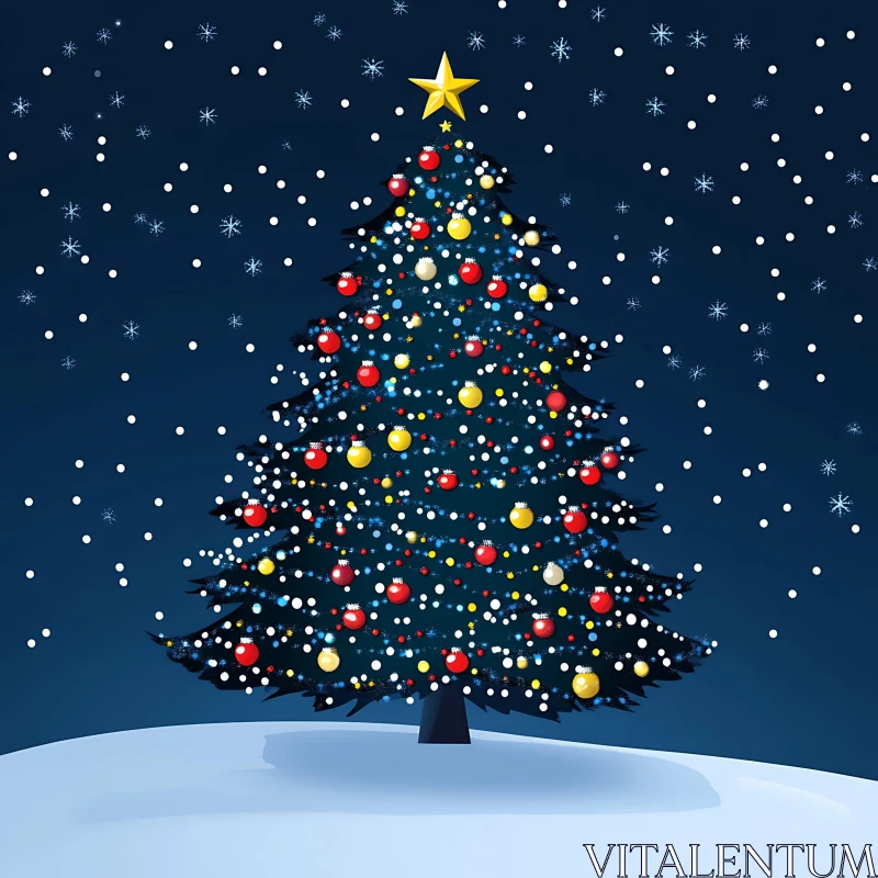 Christmas Tree in Snowy Winter Night AI Image