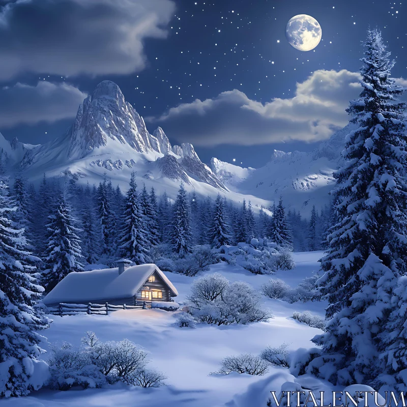 Winter Wonderland: Cabin Under the Moonlight AI Image