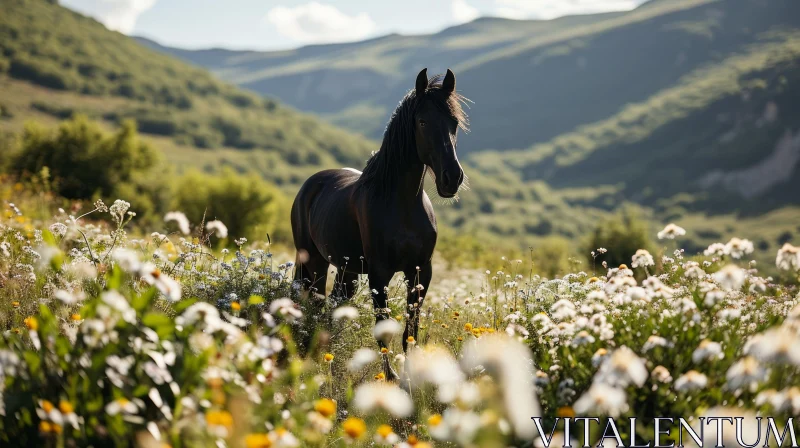 Black Horse in Field of Flowers - Majestic Nature Photography AI Image