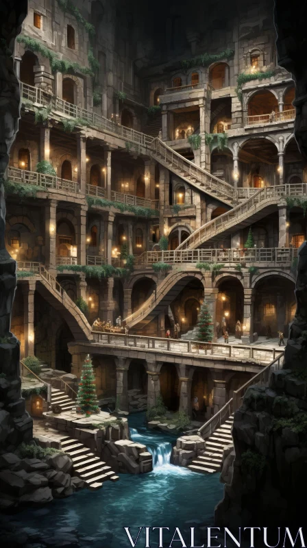 Captivating Ancient Underground City Illustration | Rustic Renaissance Realism AI Image